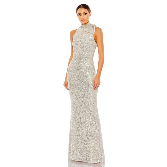 IEENA FOR MAC DUGGAL 11280 Sequined Soft Tie Halter Neck Column Gown 8 NEW - Picture 1 of 8
